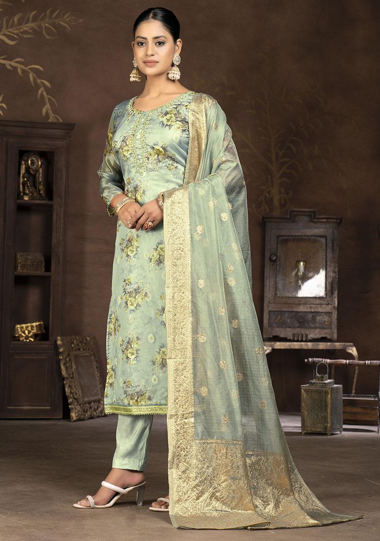 Pista Green Printed Organza Dress Material