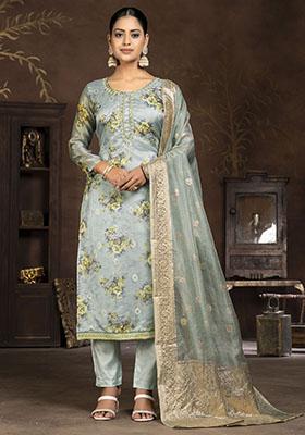 Turquoise Blue Printed Organza Dress Material