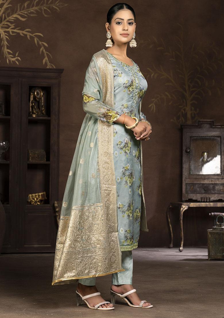 Turquoise Blue Printed Organza Dress Material