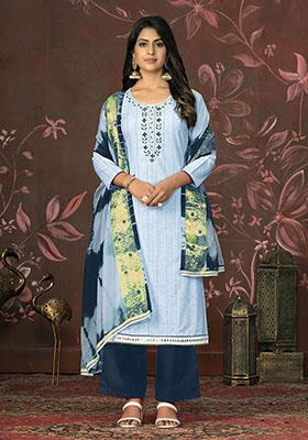 Sky Blue Printed Organza Dress Material