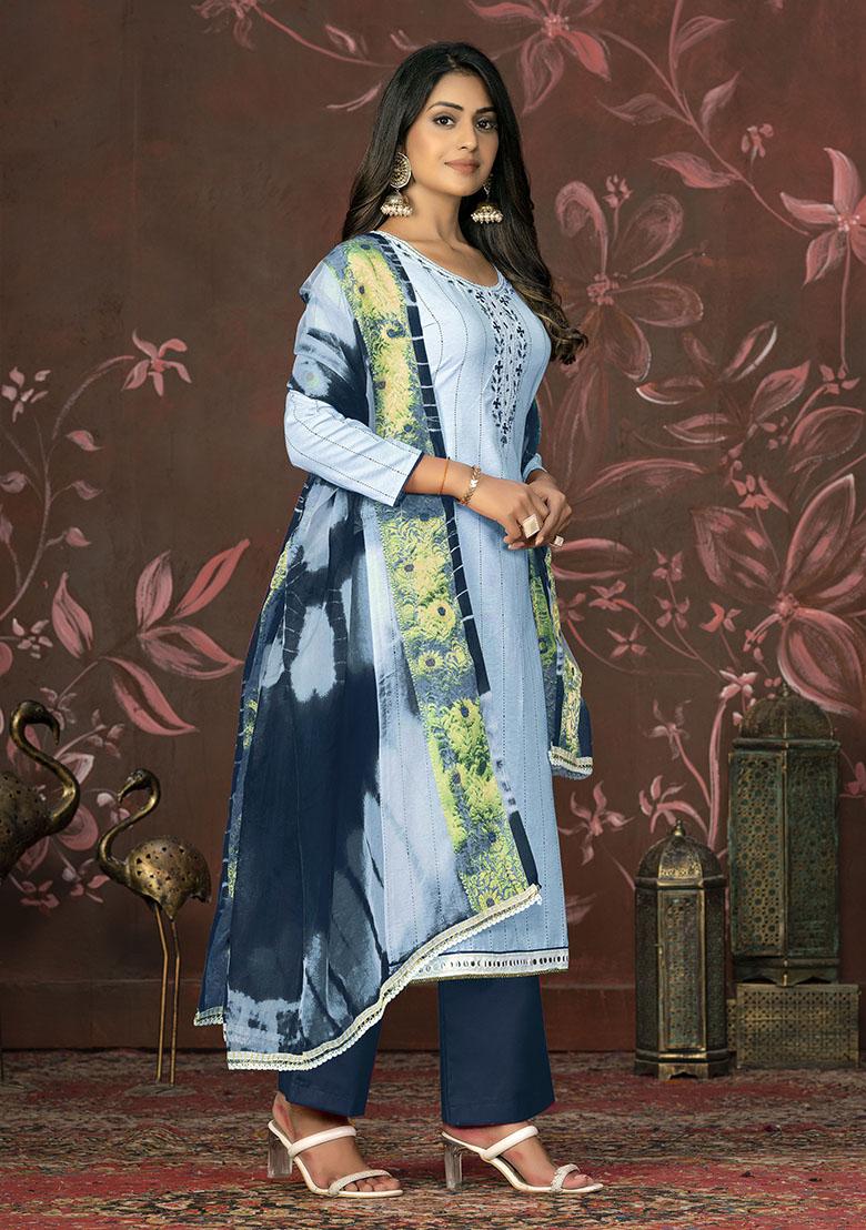 Sky Blue Printed Organza Dress Material