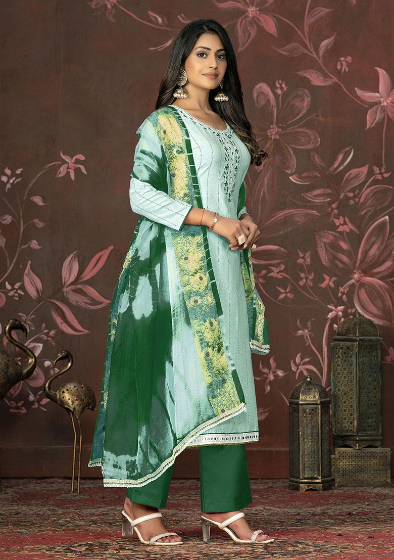 Dark Green Printed Organza Dress Material