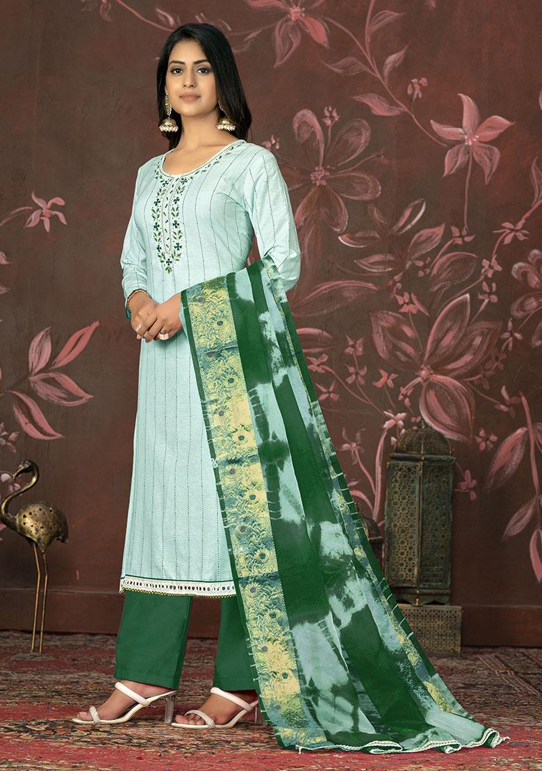 Dark Green Printed Organza Dress Material