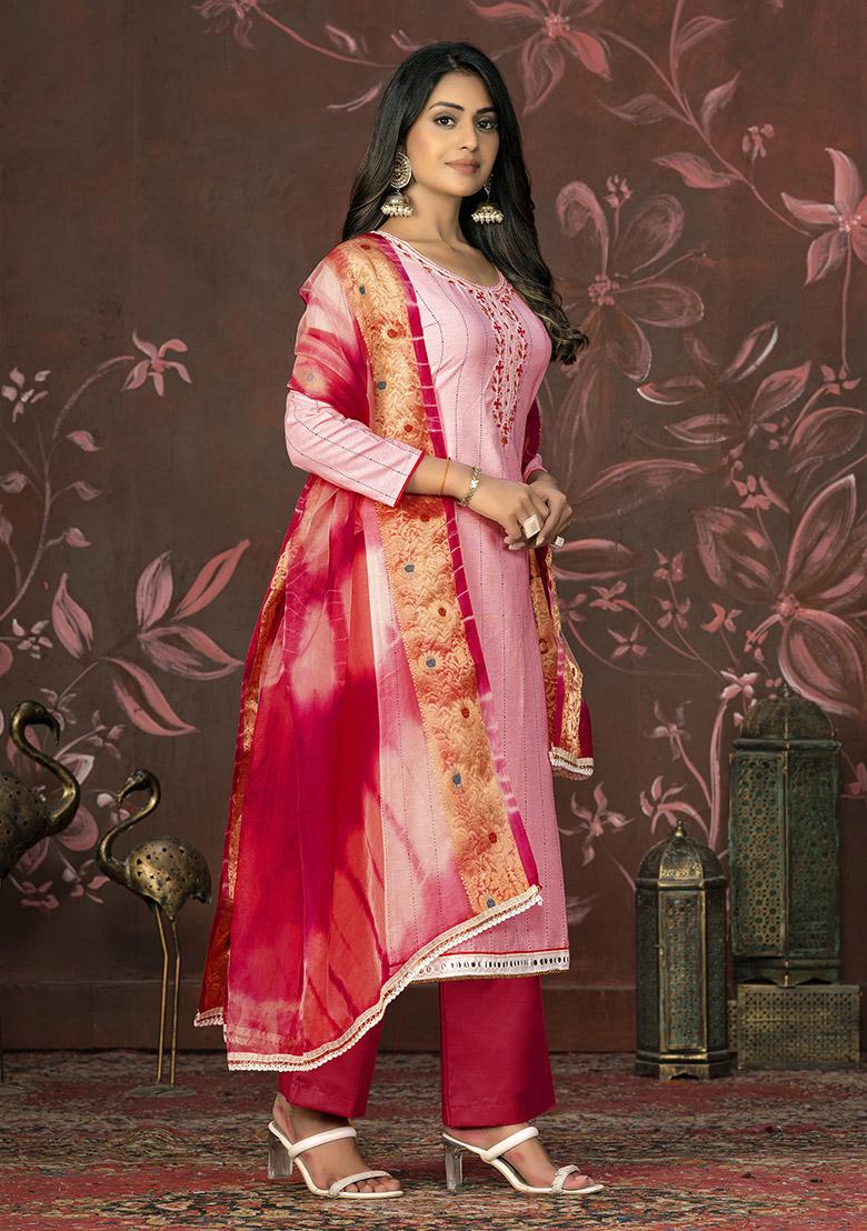 Red Printed Organza Dress Material