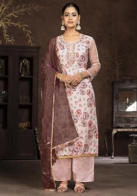 Brown Printed Organza Dress Material