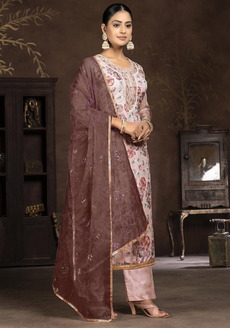 Brown Printed Organza Dress Material