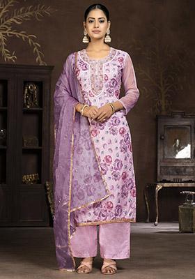 Lavender Embroidered Organza Dress Material