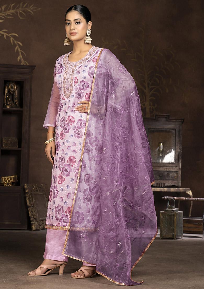 Lavender Embroidered Organza Dress Material