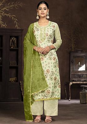 Mehendi Green Embroidered Organza Dress Material