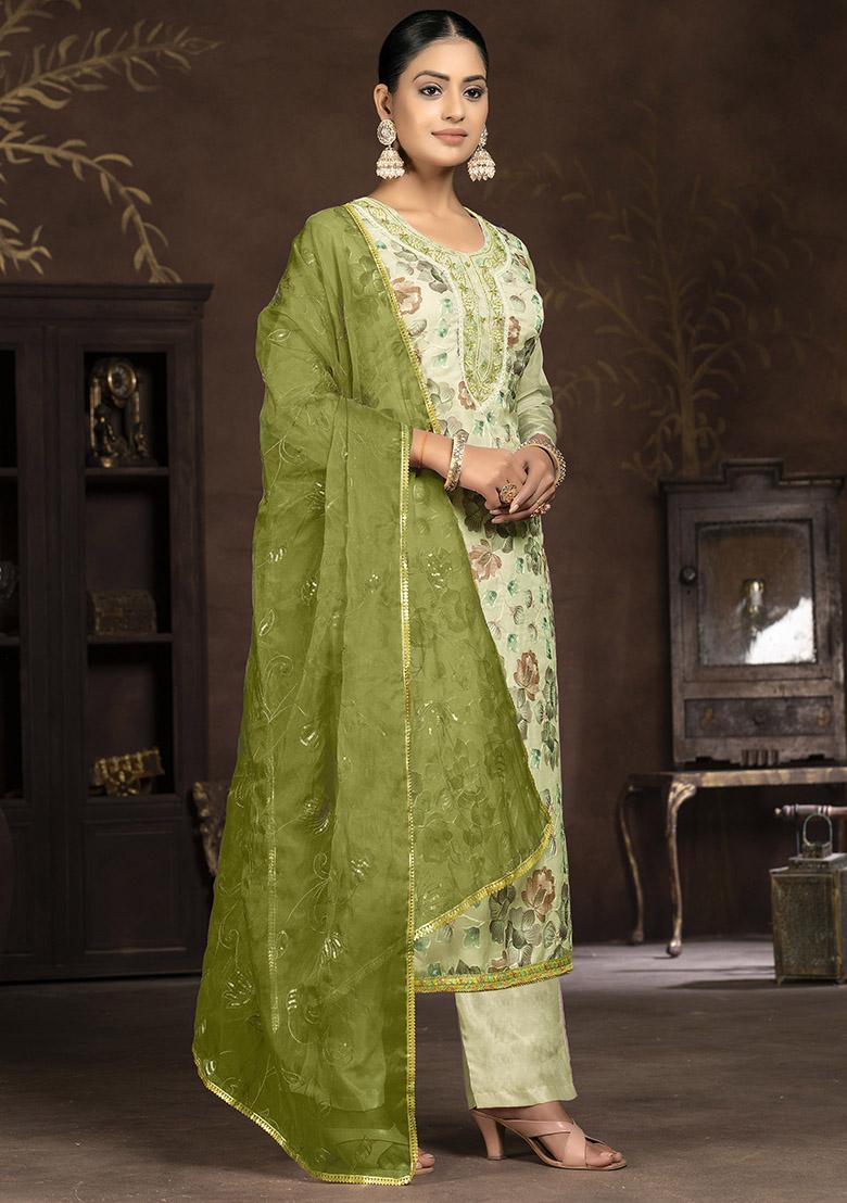 Mehendi Green Embroidered Organza Dress Material