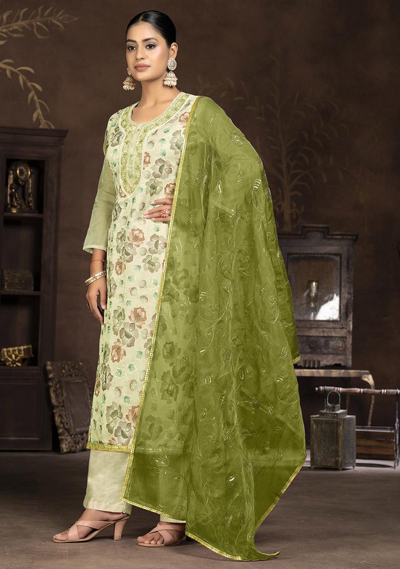 Mehendi Green Embroidered Organza Dress Material