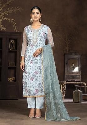 Sky Blue Embroidered Organza Dress Material