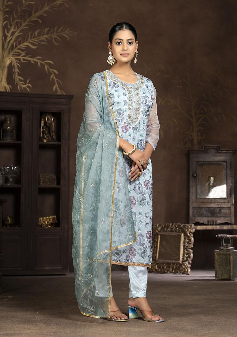 Sky Blue Embroidered Organza Dress Material