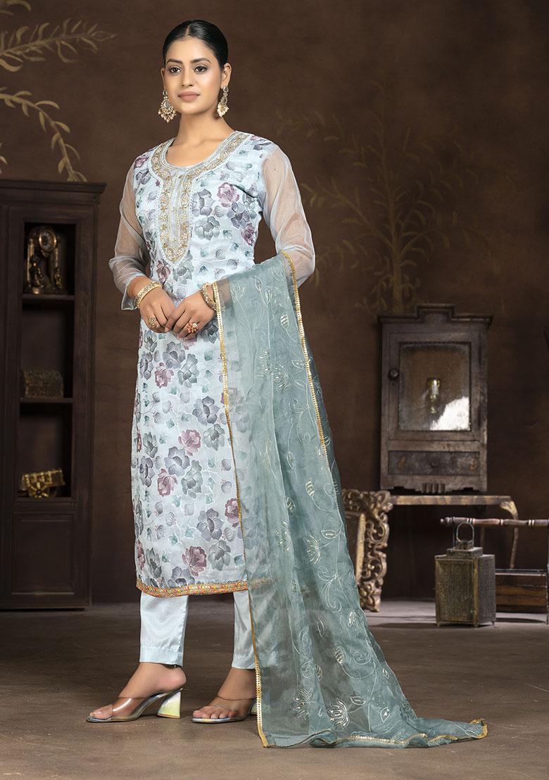 Sky Blue Embroidered Organza Dress Material