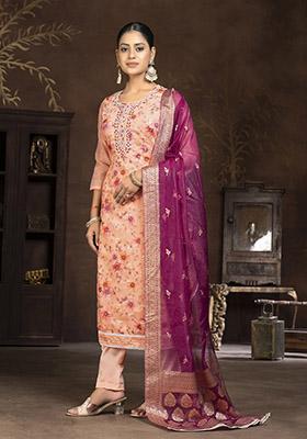 Peach Embroidered Organza Dress Material