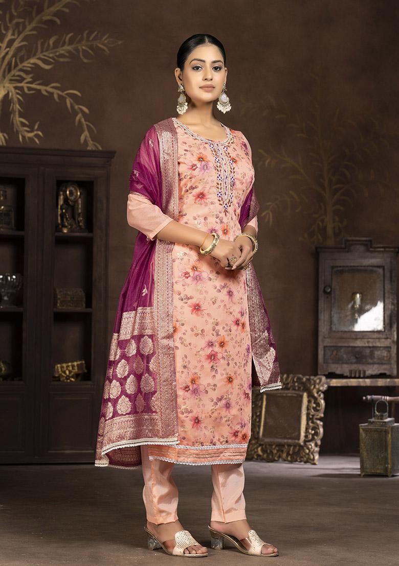 Peach Embroidered Organza Dress Material