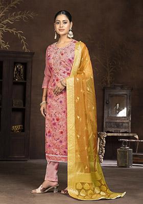 Pink Printed Organza Dress Material