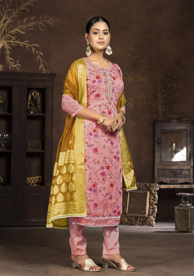 Pink Printed Organza Dress Material