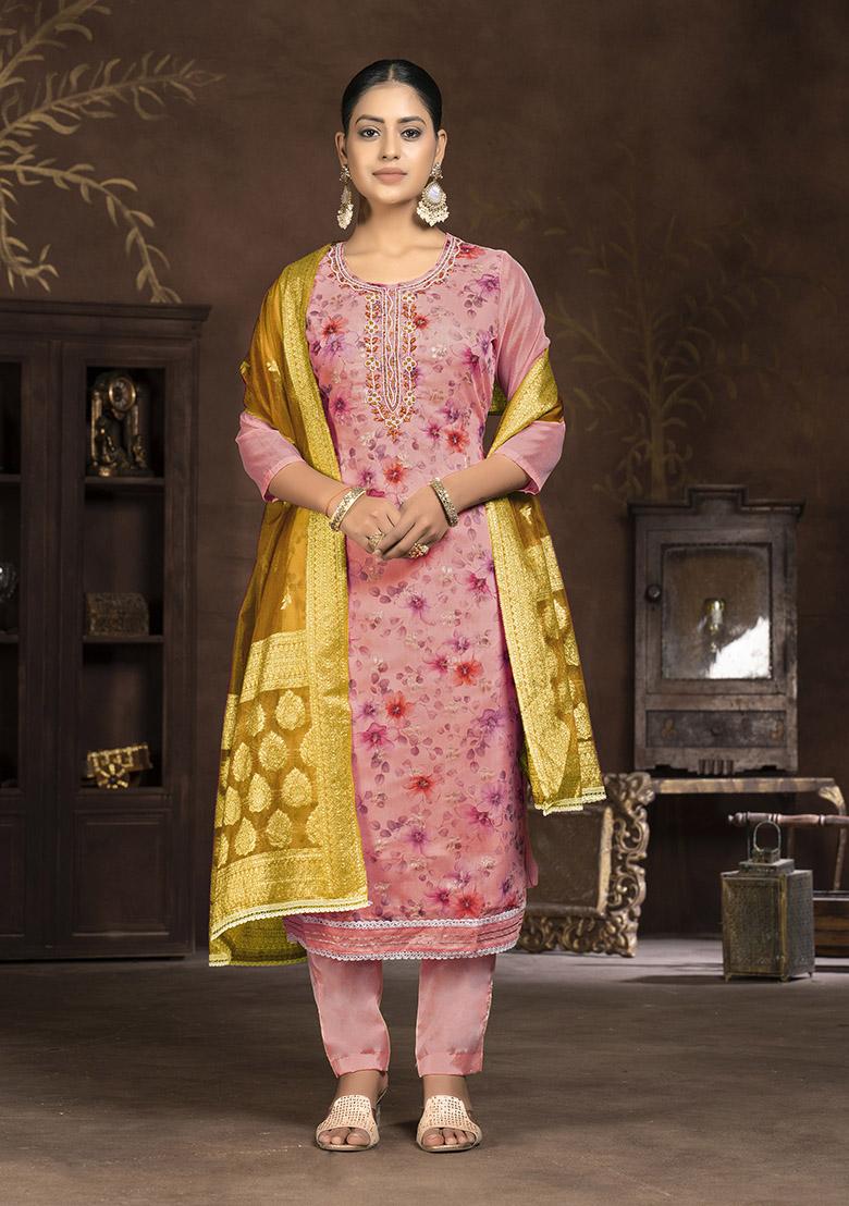 Pink Printed Organza Dress Material