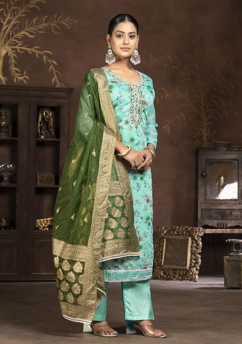 Turquoise Blue Printed Organza Dress Material