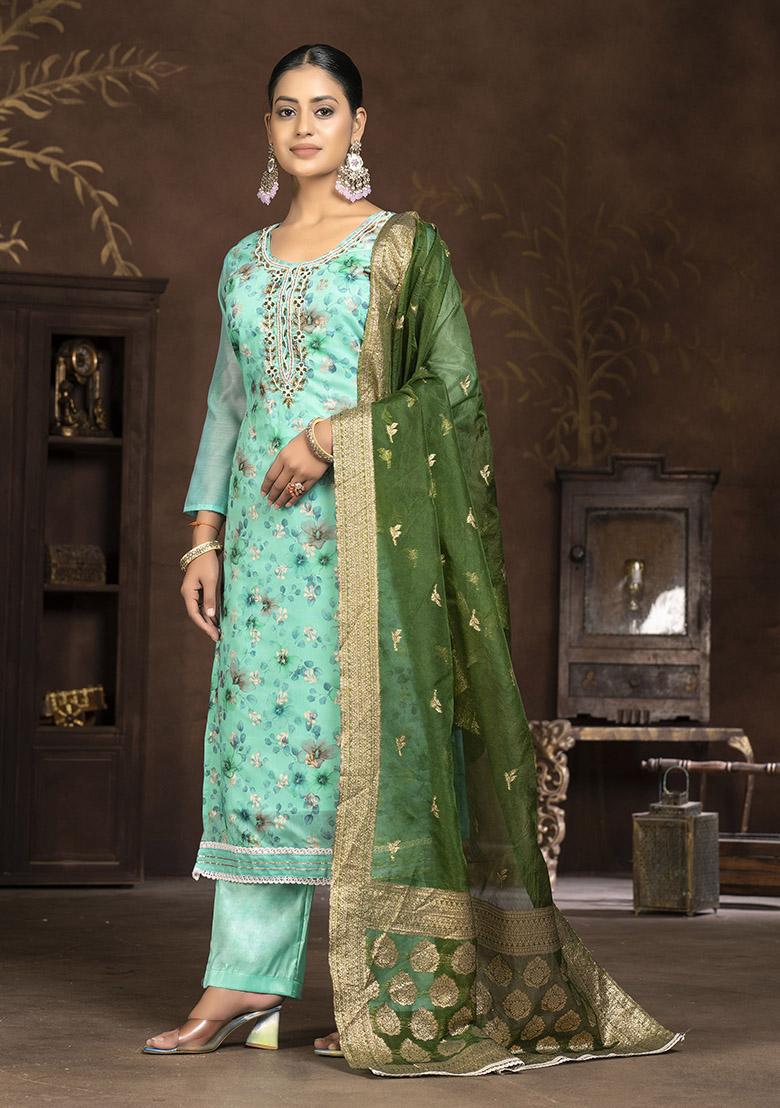 Turquoise Blue Printed Organza Dress Material