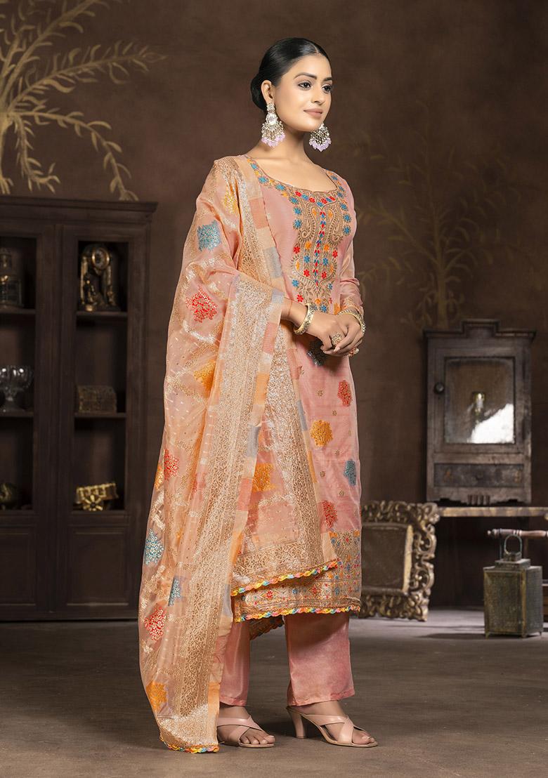 Peach Printed Organza Dress Material