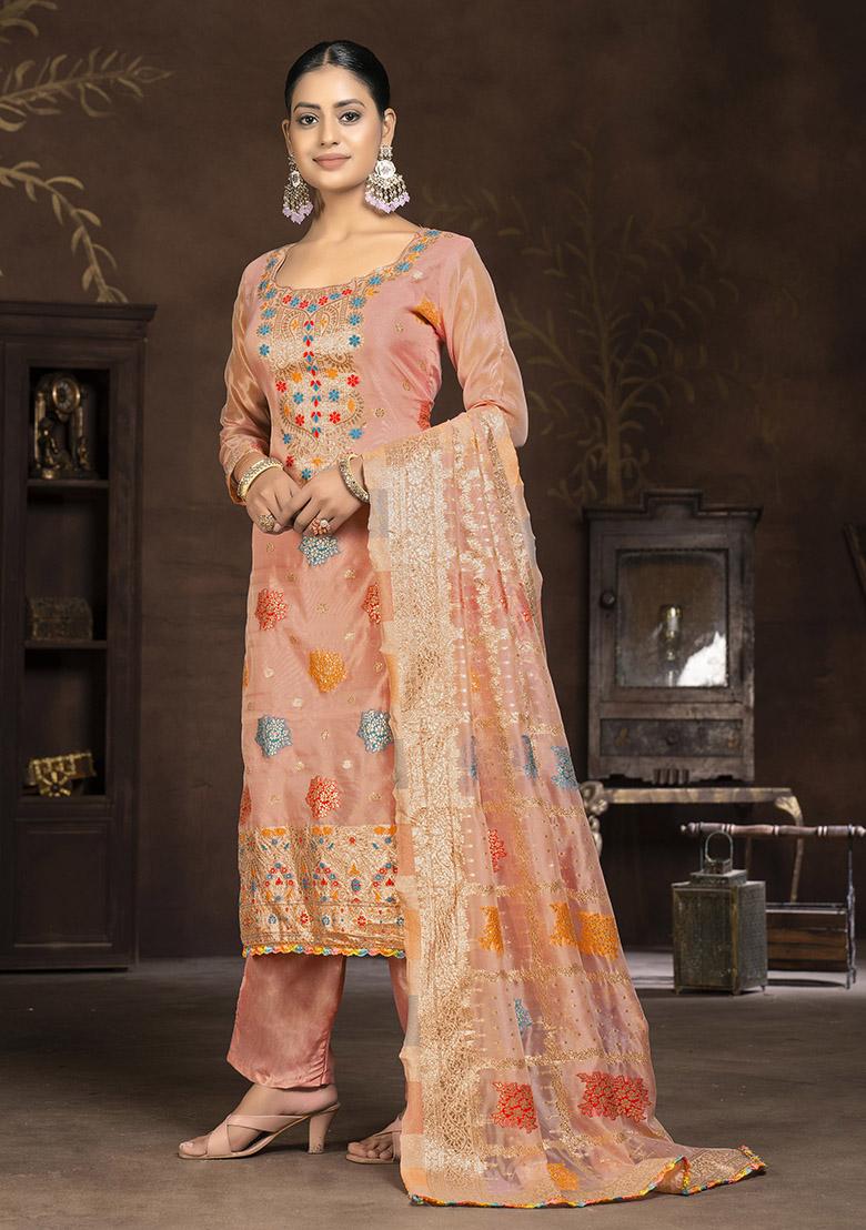 Peach Printed Organza Dress Material