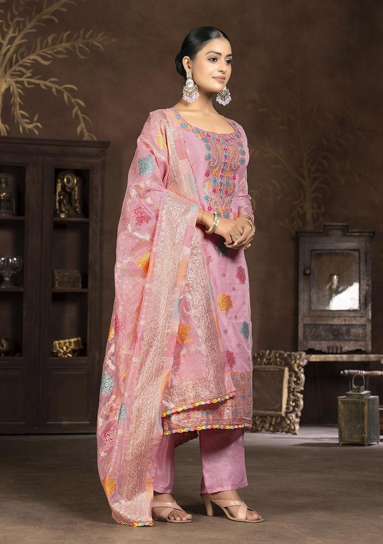 Pink Printed Organza Dress Material