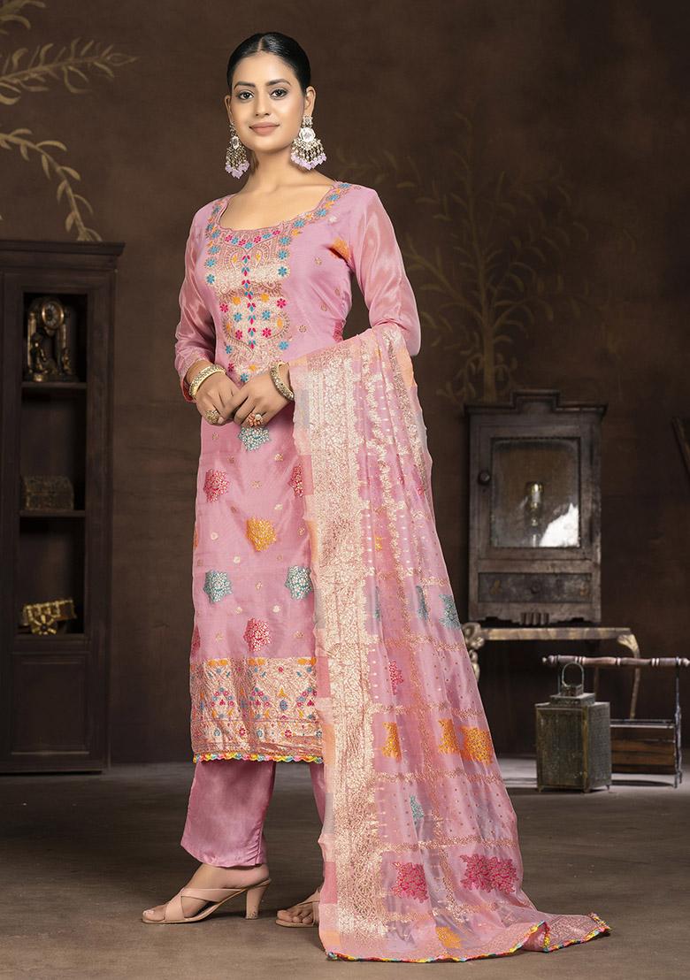 Pink Printed Organza Dress Material