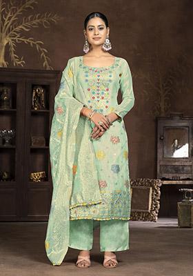 Mustard Yellow Printed Organza Dress Material