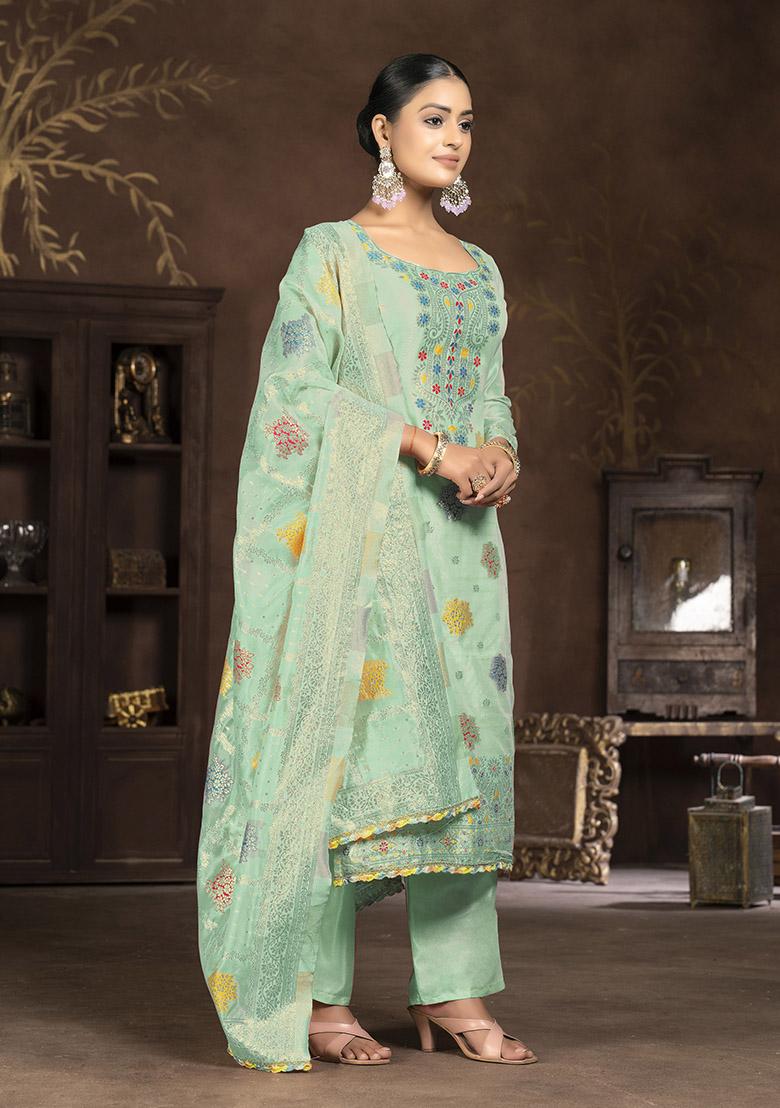 Mustard Yellow Printed Organza Dress Material