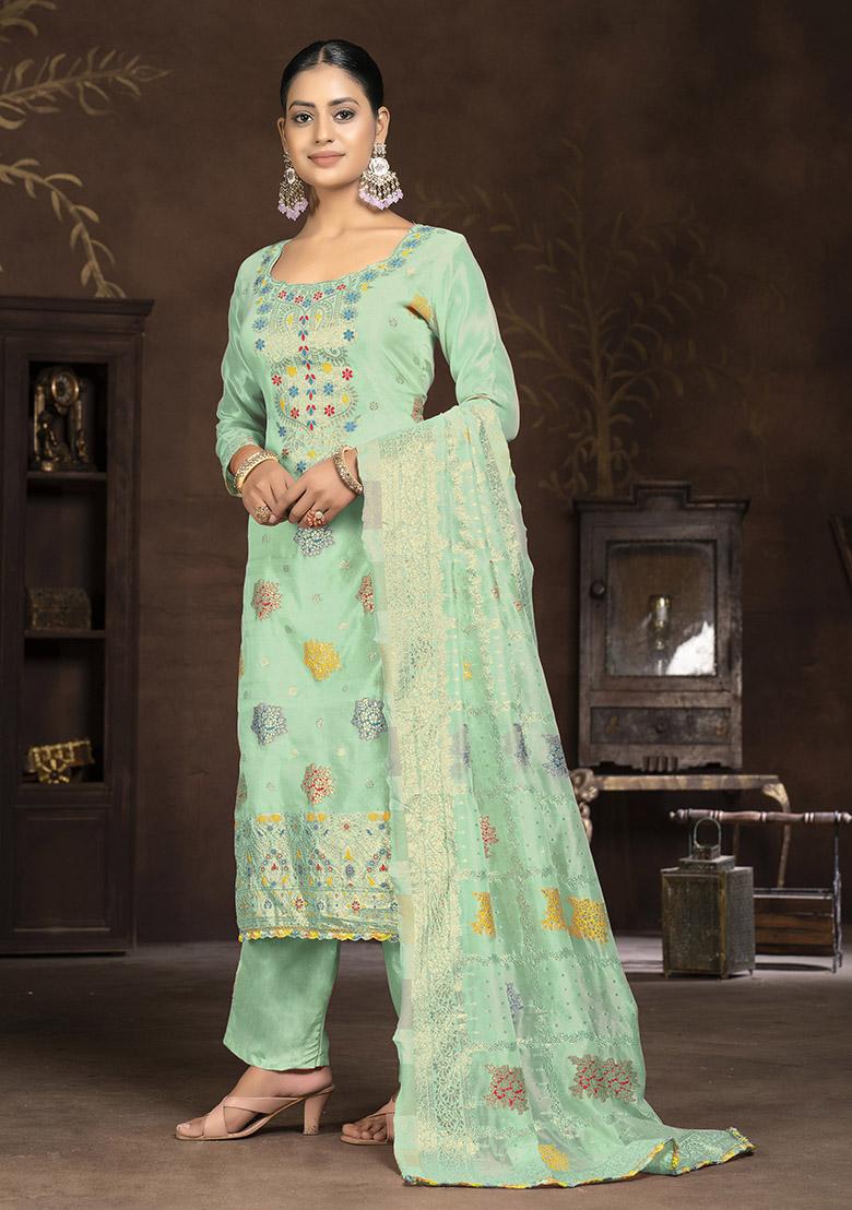 Mustard Yellow Printed Organza Dress Material