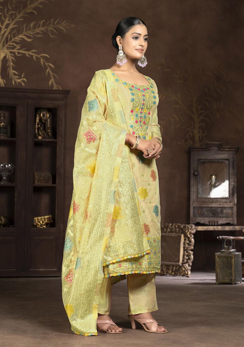 Yellow Printed Organza Dress Material