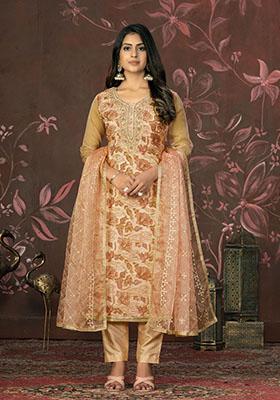 Mustard Yellow Printed Organza Dress Material