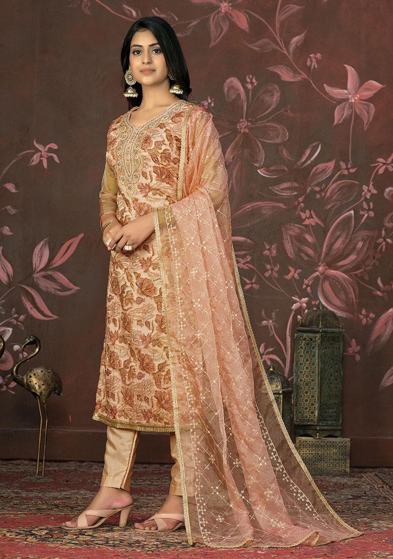 Mustard Yellow Printed Organza Dress Material