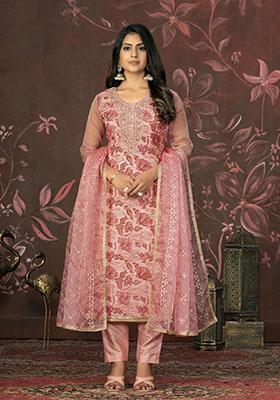 Peach Printed Organza Dress Material