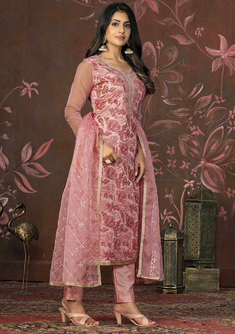 Peach Printed Organza Dress Material