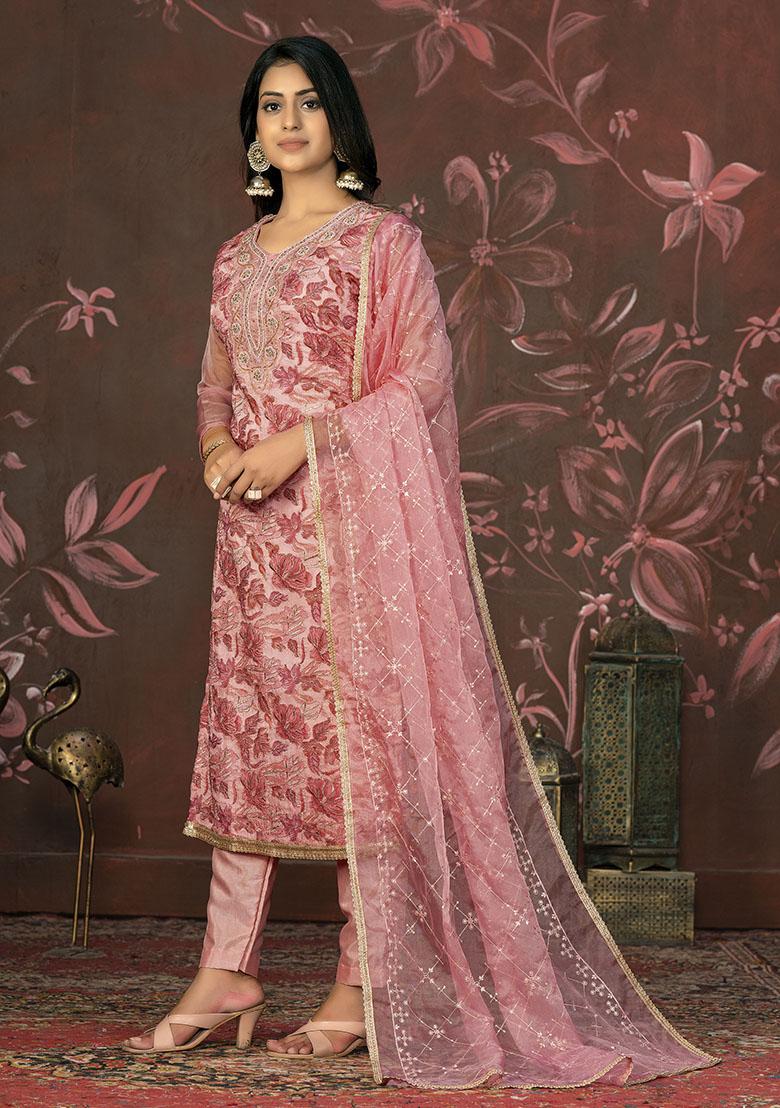 Peach Printed Organza Dress Material