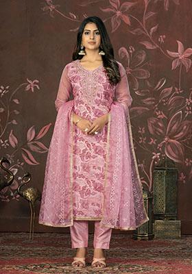 Pink Printed Organza Dress Material