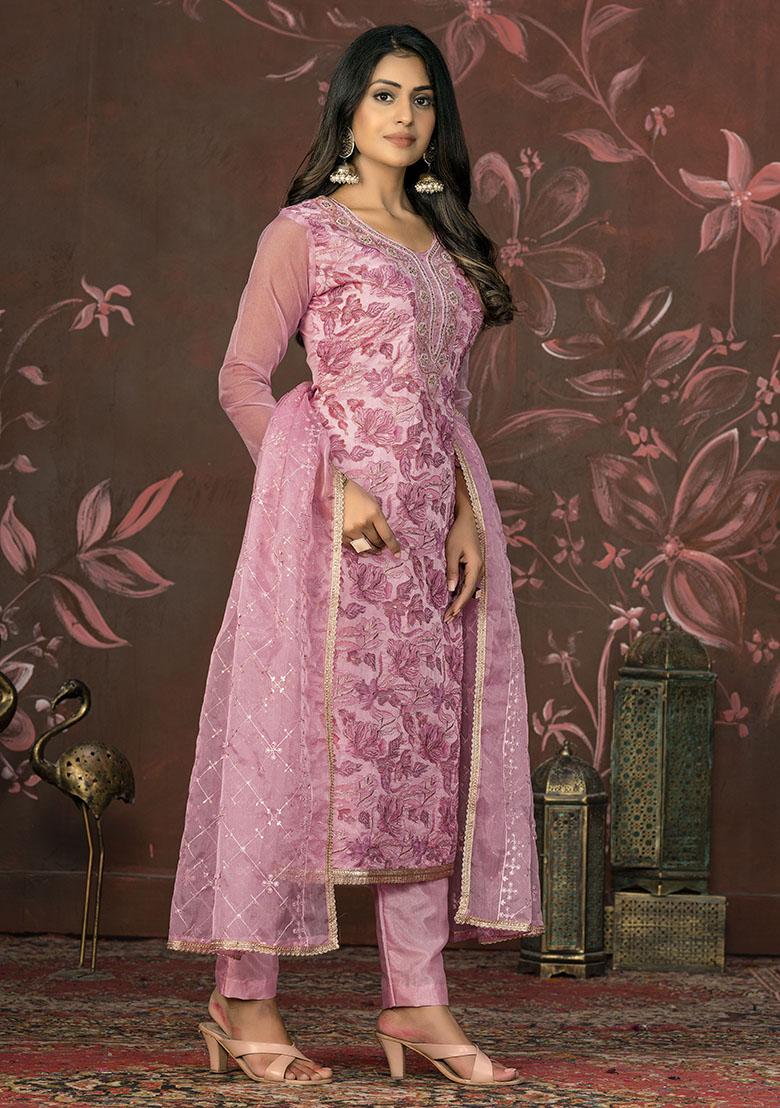 Pink Printed Organza Dress Material