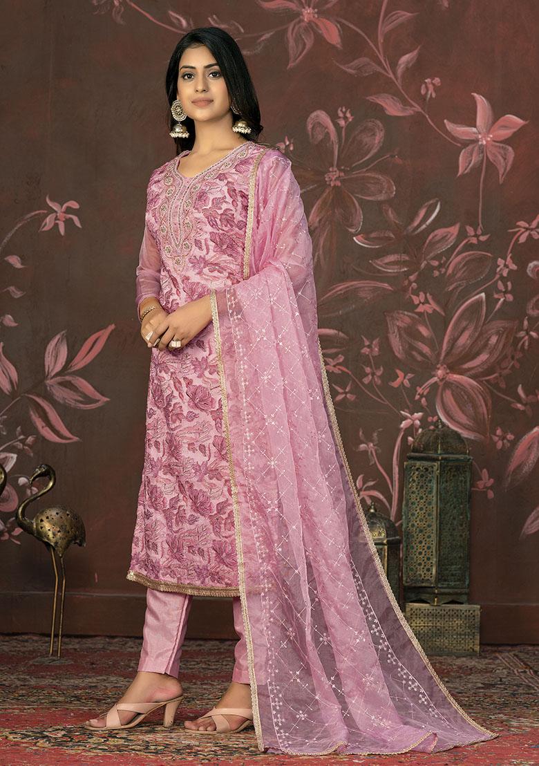 Pink Printed Organza Dress Material