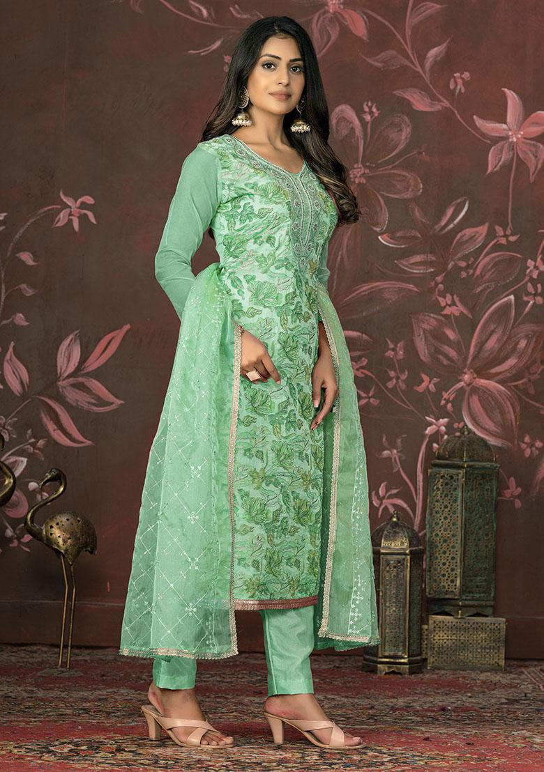 Turquoise Blue Printed Organza Dress Material