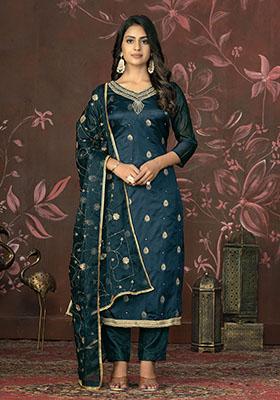 Sky Blue Printed Organza Dress Material