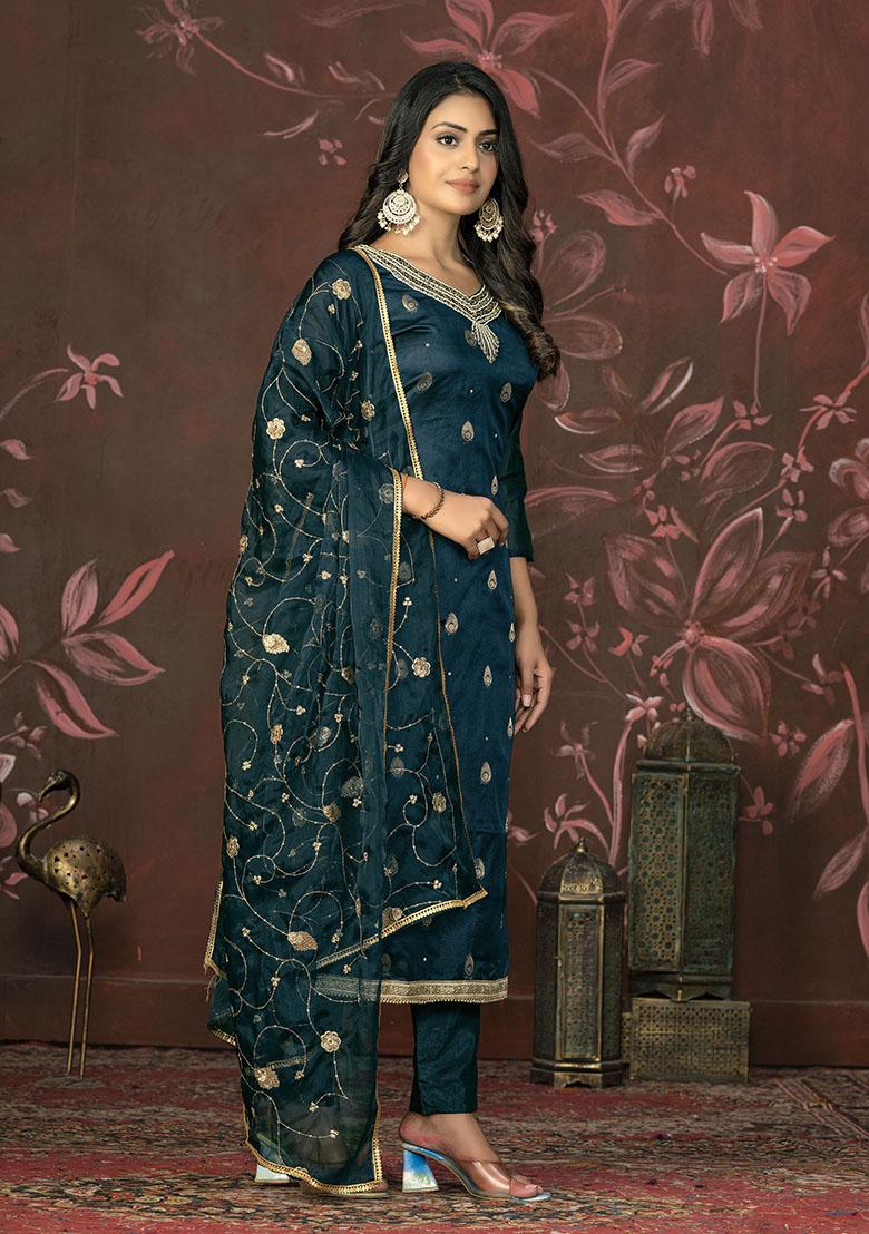 Sky Blue Printed Organza Dress Material