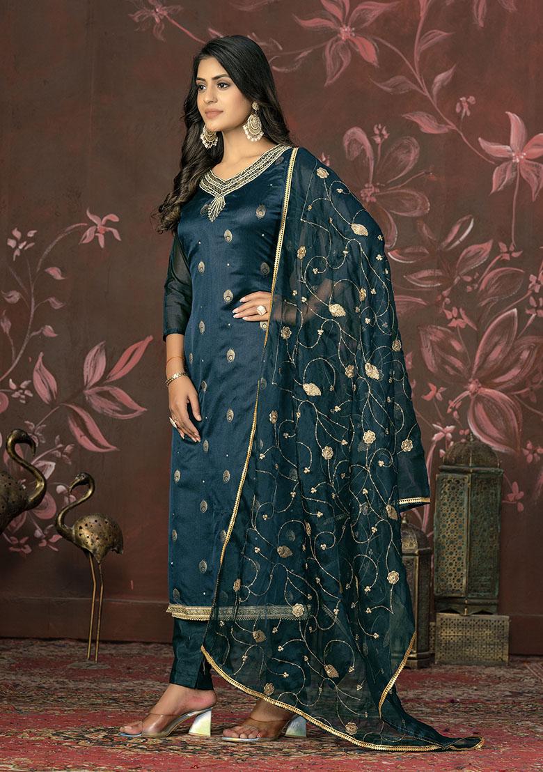 Sky Blue Printed Organza Dress Material