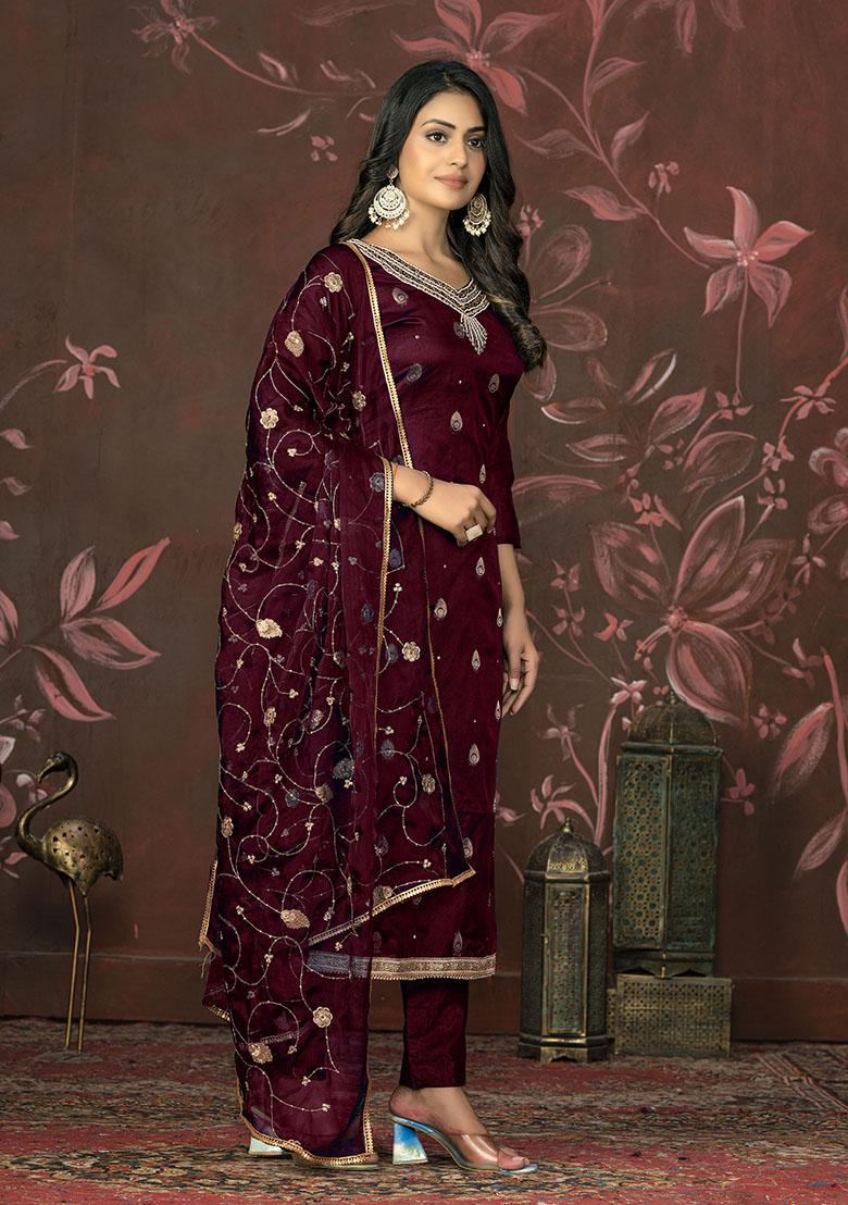 Brown Printed Organza Dress Material