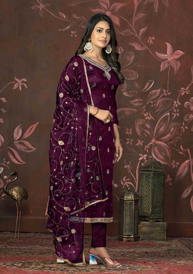 Wine Printed Organza Dress Material