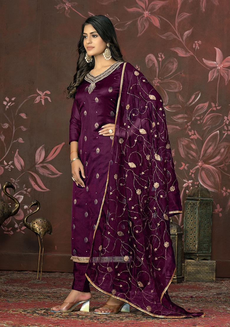 Wine Printed Organza Dress Material