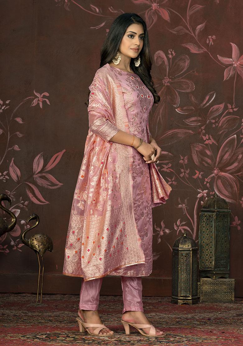 Peach Printed Organza Dress Material