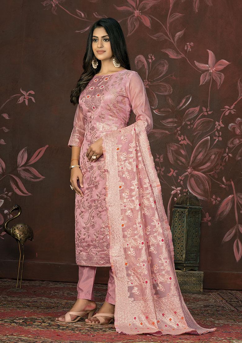 Peach Printed Organza Dress Material